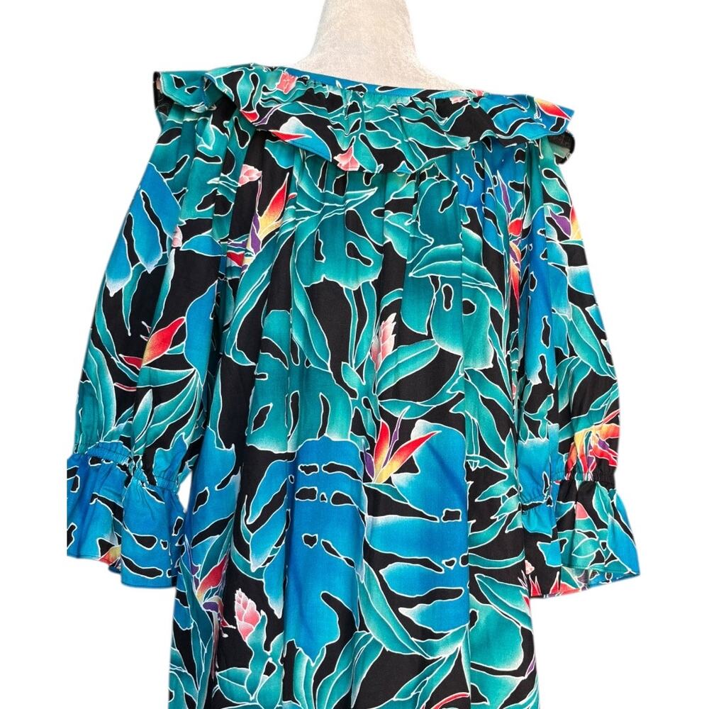 Hilo Hattie Hawaiian Dress Teal Tropical Leaf Cotton Ruffle Off Shoulder Muumuu - Picture 6 of 12
